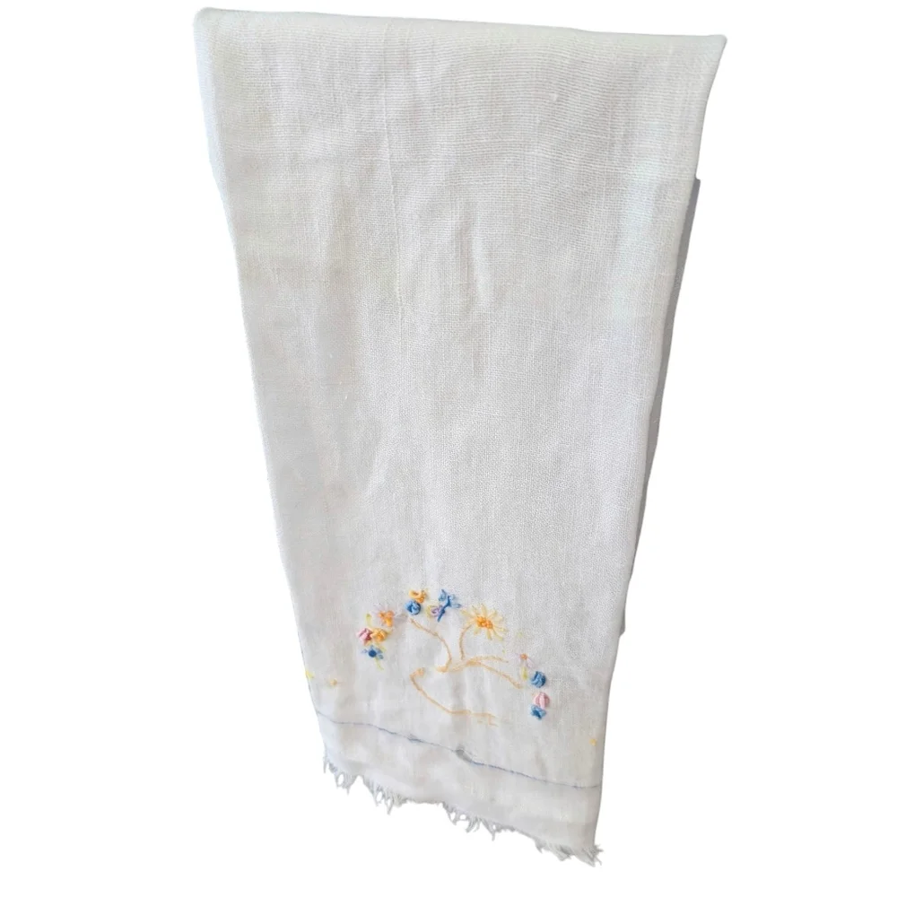VINTAGE Dish Towel Embroidered Linen Farmhouse Floral White Yellow Blue